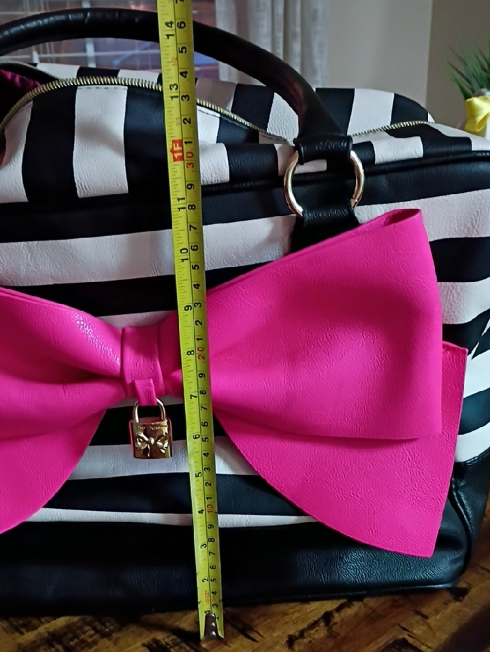 Striped Black & White Tote with Pink Bow - Picture 7 of 7